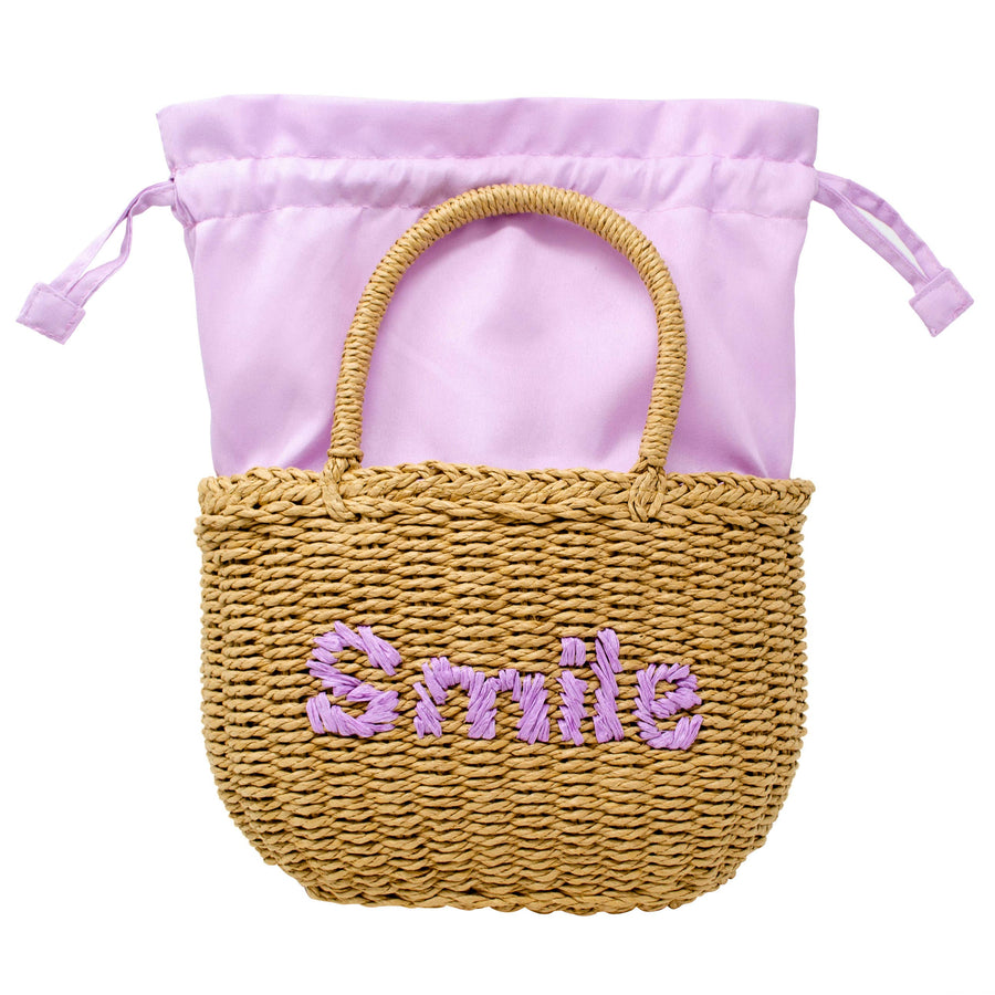 Girls Wicker Basket Message Handbag: Purple "Smile"