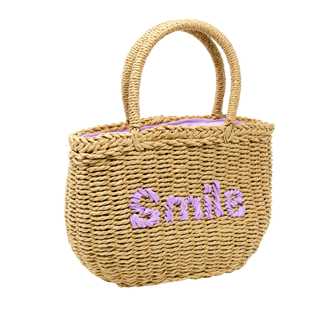 Girls Wicker Basket Message Handbag: Purple "Smile"