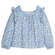 Girls/tween knit top with a square neckline featuring blue/white floral pattern and angel sleeve/ruffle detail on sleeves-BISBYgirl