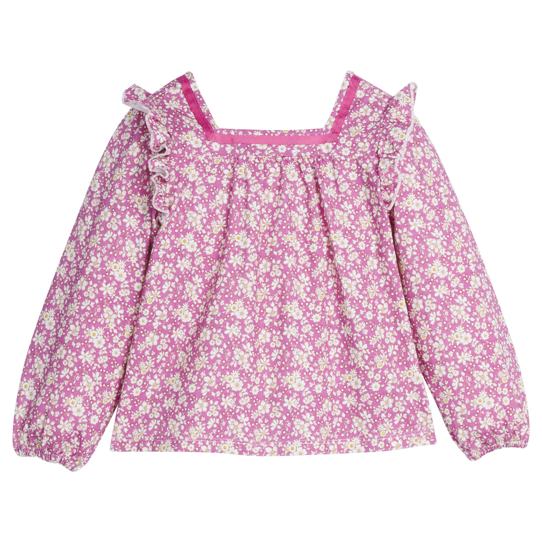 Girls/tween knit top with a square neckline featuring white floral pattern on a fuchsia background and angel sleeve/ruffle detail on sleeves-BISBYgirl