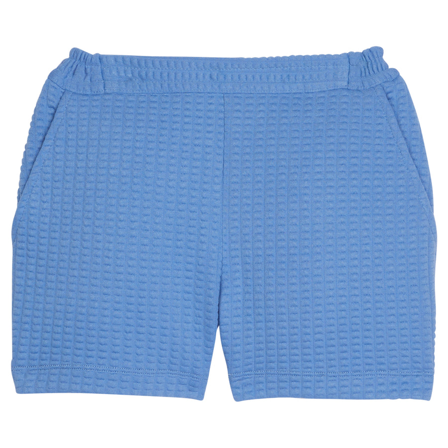 Girl blue basic short with elastic waistband and pockets with waffle knit pattern