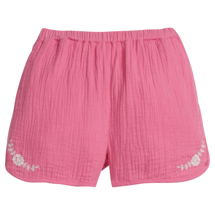 Girls/Tween hot pink gauze shorts that 
feature an elastic waistband and white embroidery detail on front of shorts as well. 