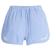 Girls/Tween hydrangea blue gauze shorts that feature an elastic waistband and white embroidery detail on front of shorts as well. 