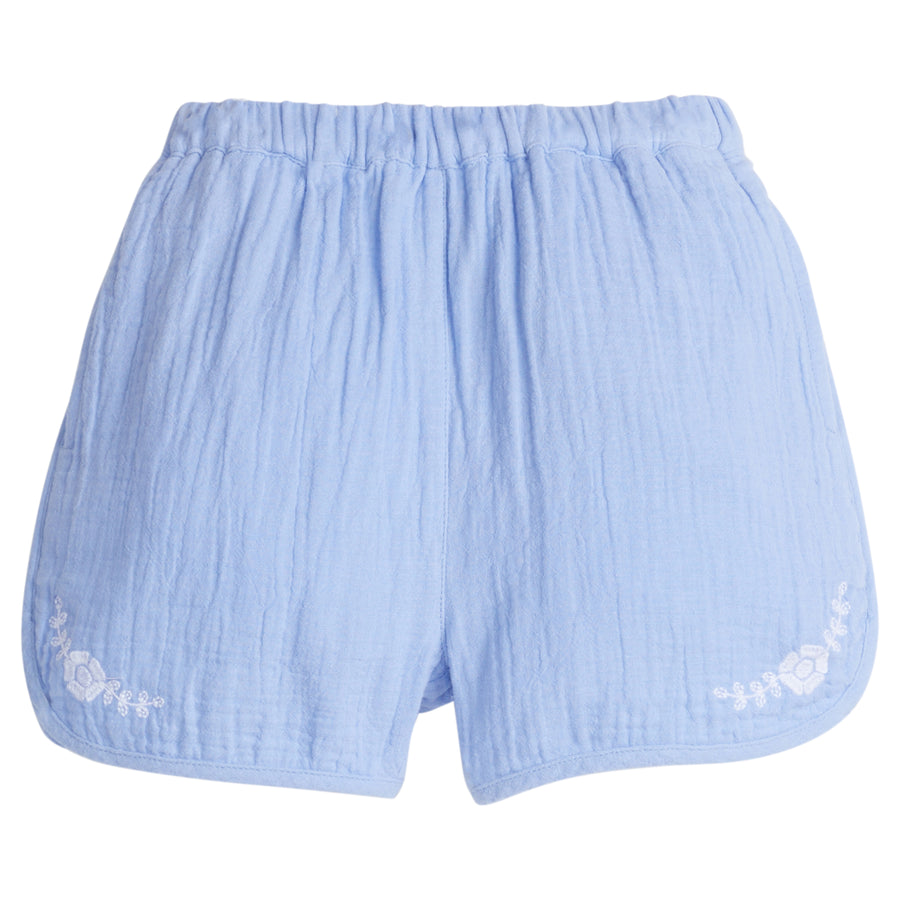 Girls/Tween hydrangea blue gauze shorts that feature an elastic waistband and white embroidery detail on front of shorts as well. 