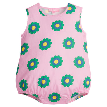 Baby girl light pink woven bubble with green/royal blue/and yellow flowers printed on it. Bubble also features button closures along stride for easy put on capability.