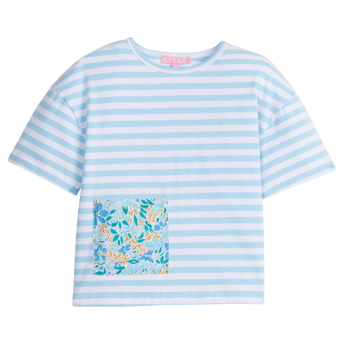 Girls/Tween light blue stripe knit boxy tee with blue floral pocket detail on front. 