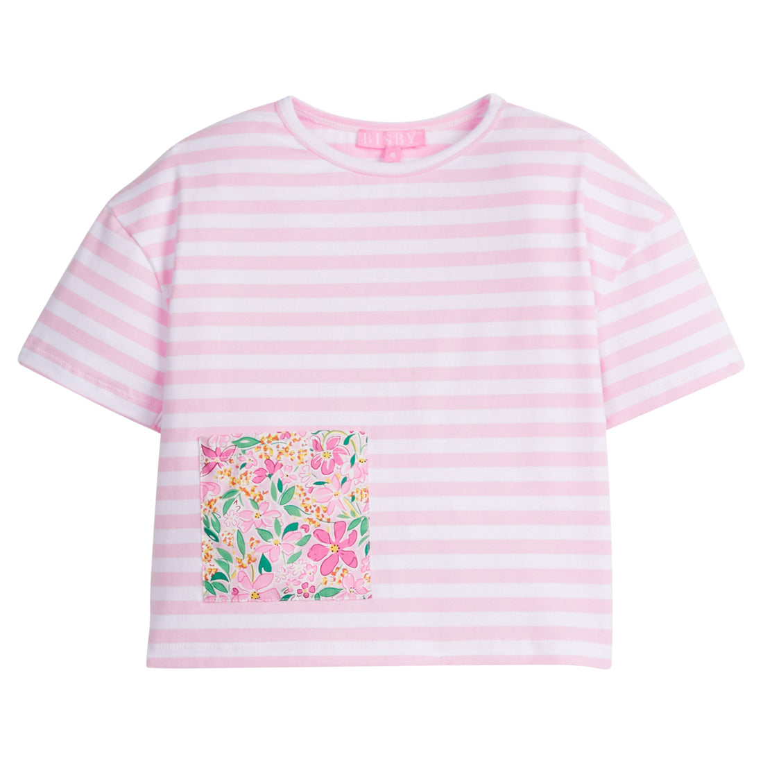 Girls/Tween light pink stripe knit boxy tee with pink floral pocket detail on front. 