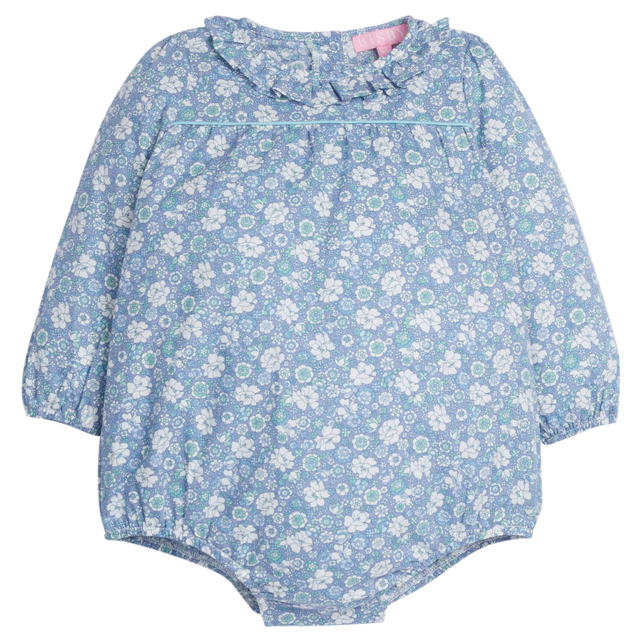 Baby Girl blue floral bubble with ruffle detail around the neckline. The sleeves have elastic at the cuff for a stretchy relaxed fit along with buttons down the back and stride-BISBY