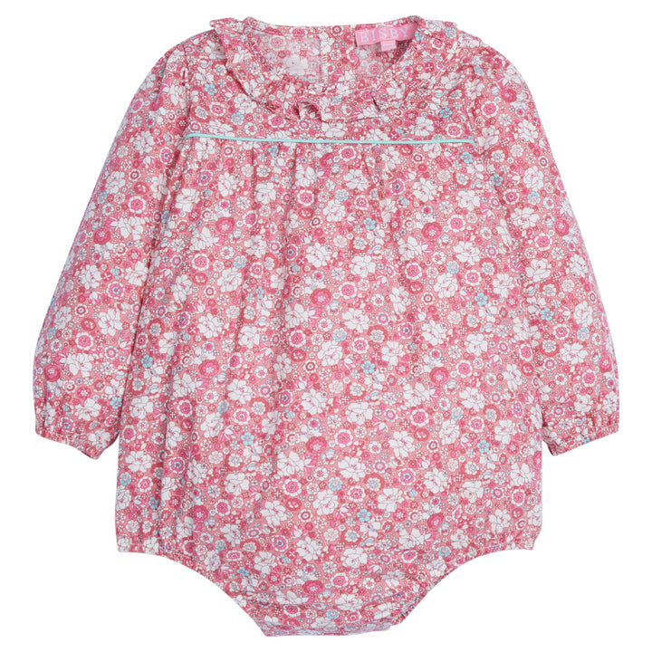 Baby Girl pink floral bubble, with hints of turquoise,  with ruffle detail around the neckline. The sleeves have elastic at the cuff for a stretchy relaxed fit along with buttons down the back and stride-BISBY