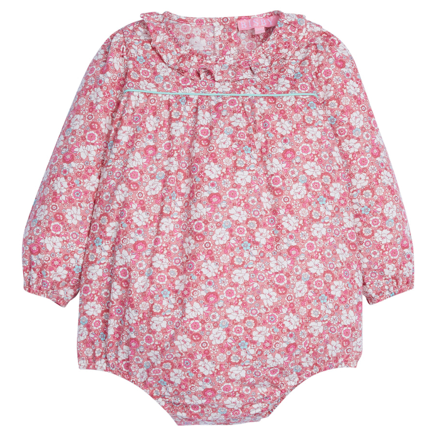 Baby Girl pink floral bubble, with hints of turquoise,  with ruffle detail around the neckline. The sleeves have elastic at the cuff for a stretchy relaxed fit along with buttons down the back and stride-BISBY