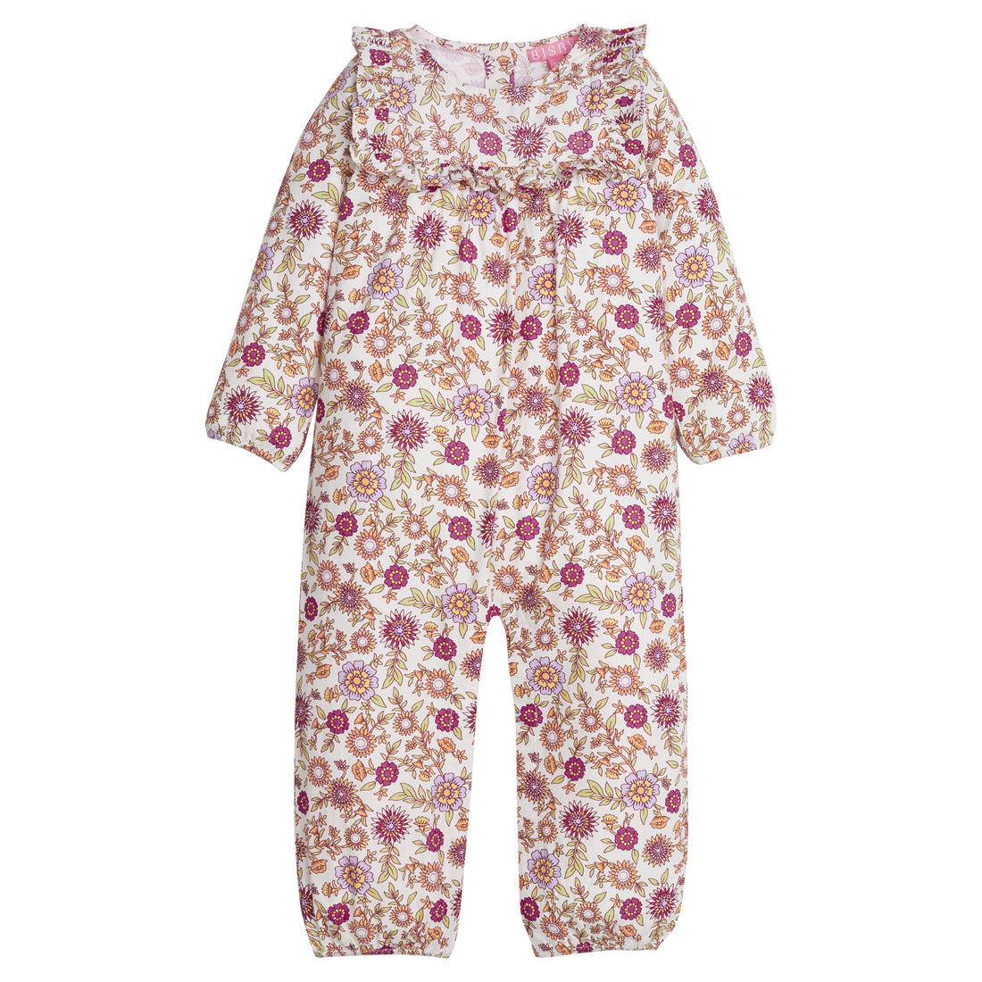 Baby Girl/Girl romper in our Thistle Floral which features an arrangement of purple/magenta/green flowers. The romper has elastic around the cuffs of the sleeves and legs for a stretchy and relaxed fit. Romper also features a square ruffle neck detail on the front and has buttons along the back-BISBY