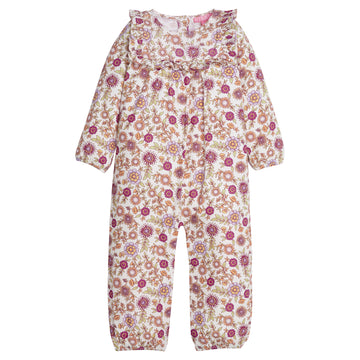 Baby Girl/Girl romper in our Thistle Floral which features an arrangement of purple/magenta/green flowers. The romper has elastic around the cuffs of the sleeves and legs for a stretchy and relaxed fit. Romper also features a square ruffle neck detail on the front and has buttons along the back-BISBY