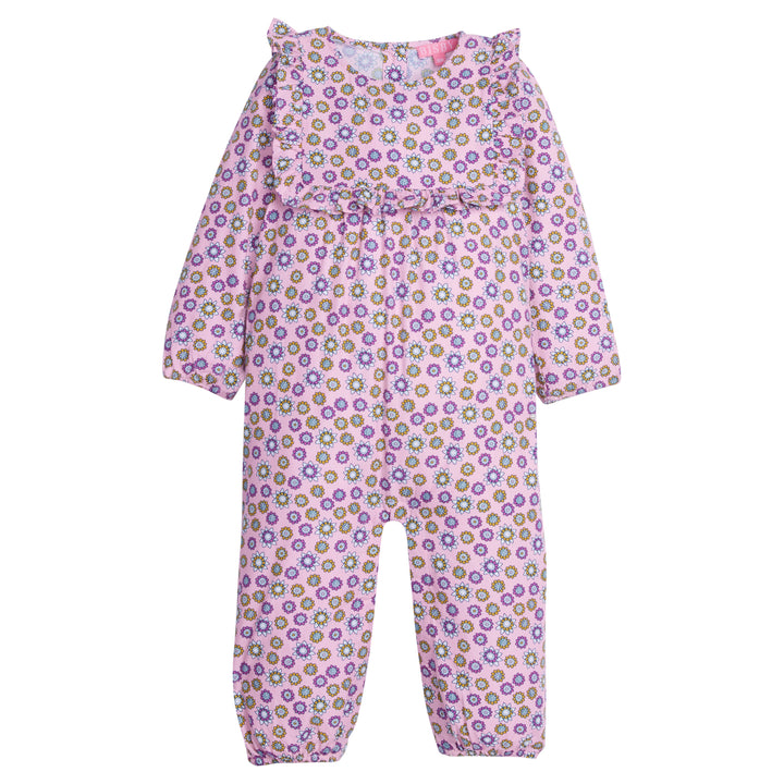 Baby Girl/Girl romper in our Vienna Violets floral which features an arrangement of purple/magenta/yellow flowers on a pink background. The romper has elastic around the cuffs of the sleeves and legs for a stretchy and relaxed fit. Romper also features a square ruffle neck detail on the front and has buttons along the back-BISBY