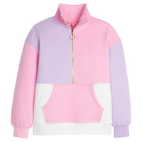 Girls/Tween quarter zip pullover in our Purple/Pink/White colorblock pattern. Pullover features a gold zipper and huge front pocket-BISBY