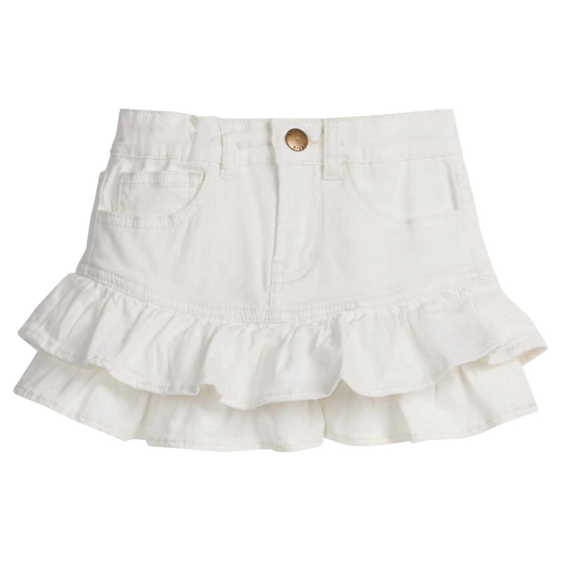 Girls/Tween denim skirt in ivory denim that features a two-tier ruffle at bottom of skirt. Skirt also features a snap button closure and pockets in the front. 