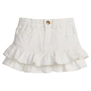 Girls/Tween denim skirt in ivory denim that features a two-tier ruffle at bottom of skirt. Skirt also features a snap button closure and pockets in the front. 