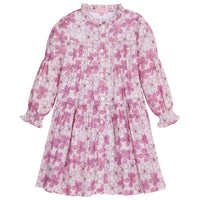 Girls/Tween Pink Hawaiin floral design with light pink plaid pattern throughout. Dress is also very lightweight with buttons along front for easy dressing needs and has elastic along the cuffs of sleeves for a stretchy relaxed fit- -BISBY 