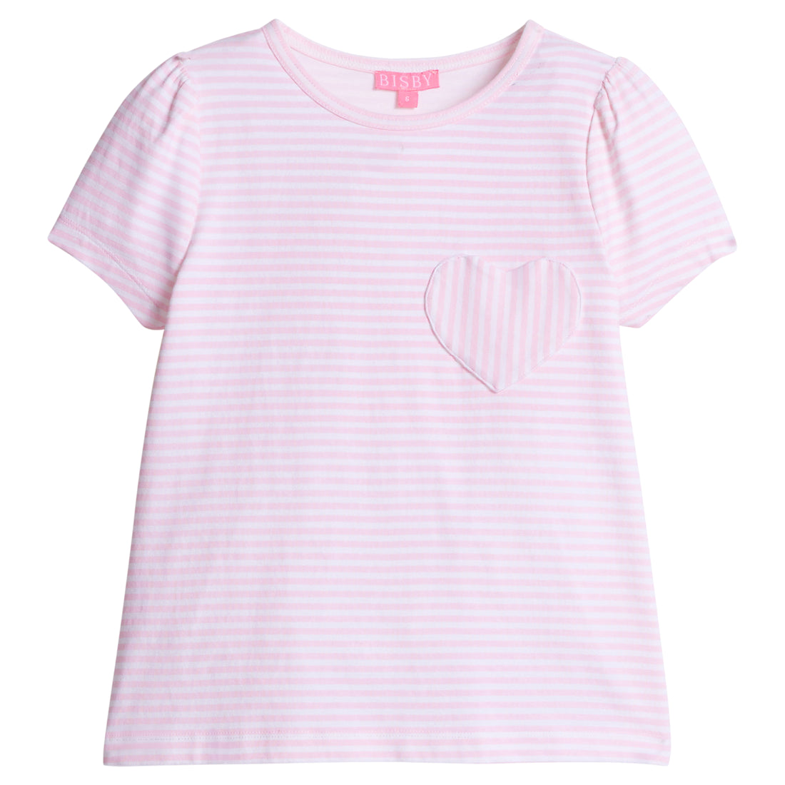 Girls/Tween short sleeve knit top in a light pink and white stripe. Top also features a faux heart pocket to elevate the tee. 