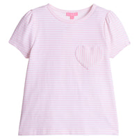 Girls/Tween short sleeve knit top in a light pink and white stripe. Top also features a faux heart pocket to elevate the tee. 