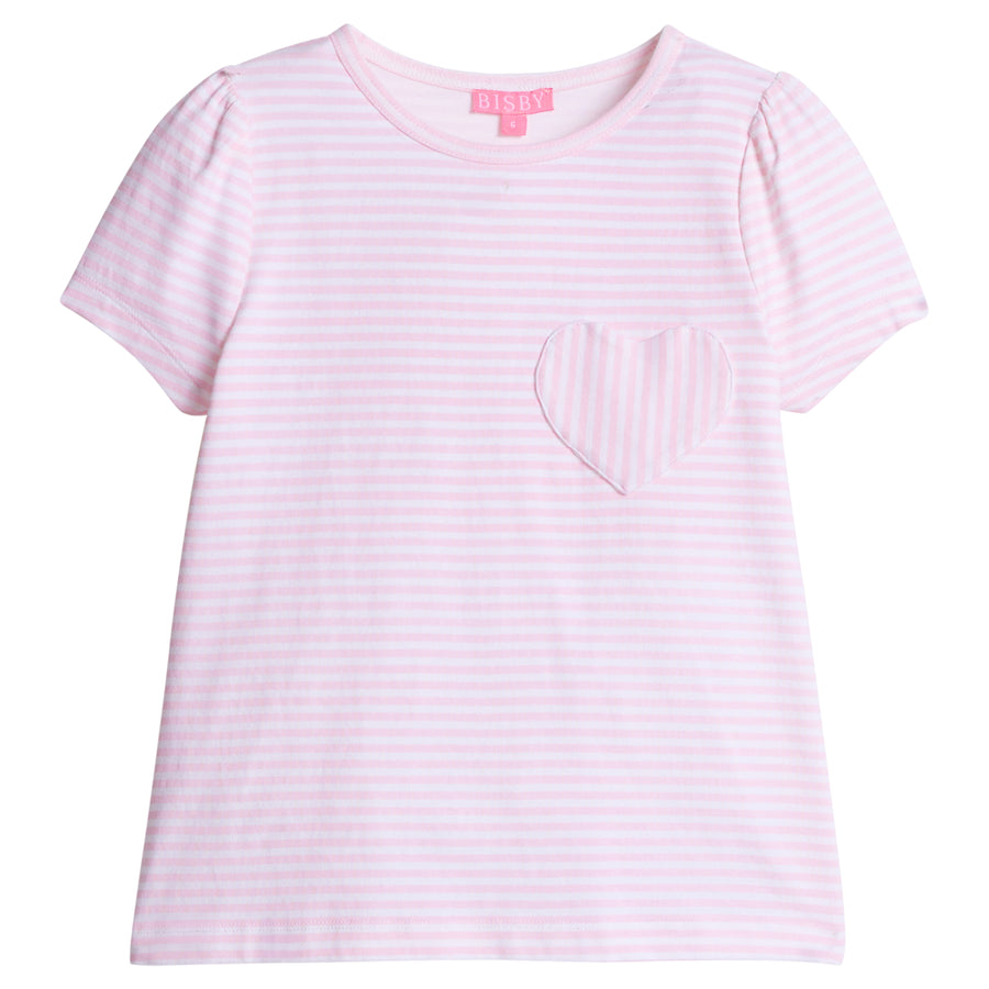 Girls/Tween short sleeve knit top in a light pink and white stripe. Top also features a faux heart pocket to elevate the tee. 