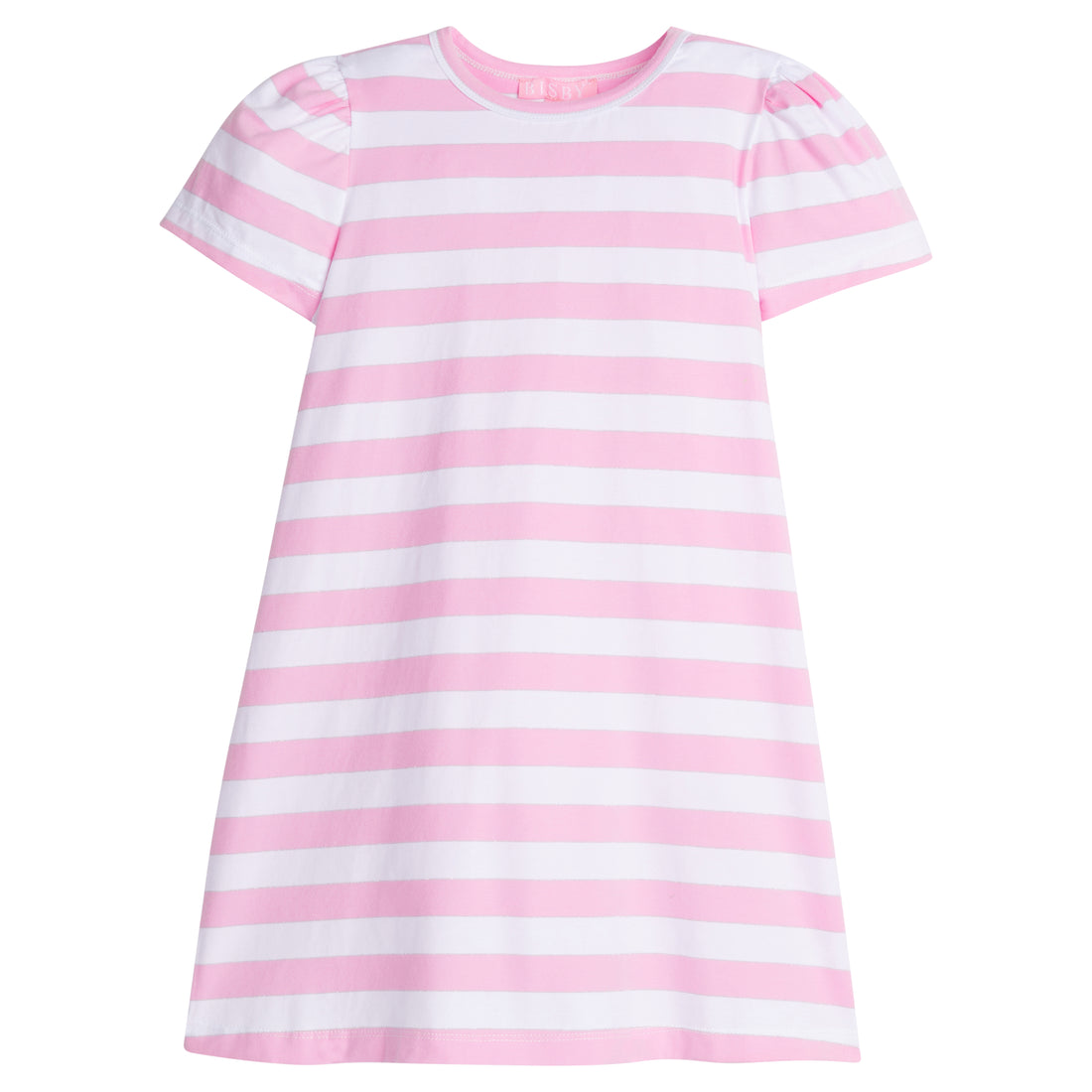 Girls/Tween short sleeve stretchy/comfy knit dress in a thick light pink/white/and skinny metallic silver stripe pattern. 