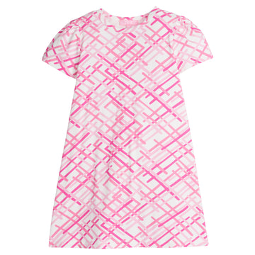 Girls/Tween short sleeve stretchy/comfy knit dress in a fun hot pink/light pink zig zag print.