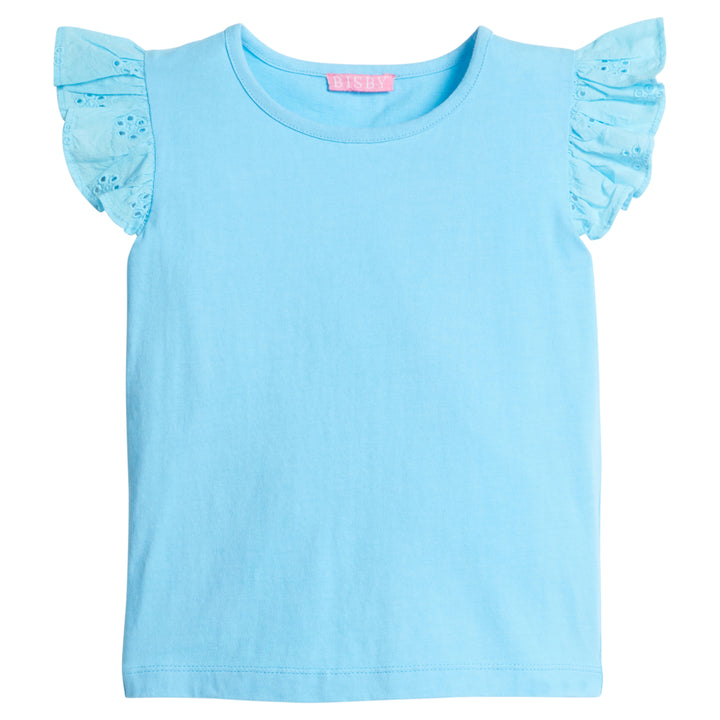 Girls/Tween aqua basic tee shirt with eyelet detail on the angel sleeves. 