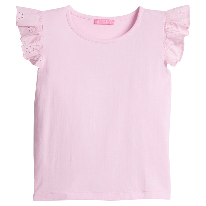 Girls/Tween pale pink basic tee shirt with eyelet detail on the angel sleeves. 