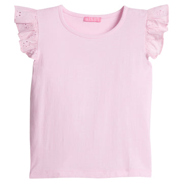 Girls/Tween pale pink basic tee shirt with eyelet detail on the angel sleeves. 