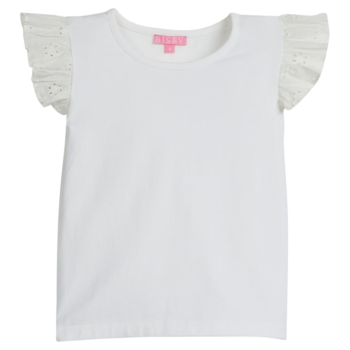 Girls/Tween white basic tee shirt with eyelet detail on the angel sleeves. 