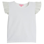 Girls/Tween white basic tee shirt with eyelet detail on the angel sleeves. 