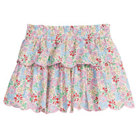 Girls/Tween woven  two tiered skort in a pale yellow/light pink/red/green floral print. Skort features light pink trim along tiers, an elastic waistband, and has built in shorts underneath for a relaxed but secure fit. 