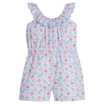 Girls/Tween woven romper in a beautiful lilac/blue/red floral pattern. Romper features an elastic waistband, scalloped elastic neckline with a beautiful aqua embroidered edge, and also has pockets.