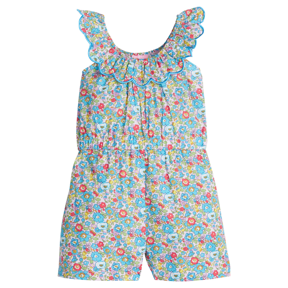 Girls/Tween woven romper in a beautiful multi floral print. Romper features an elastic waistband, scalloped elastic neckline with a beautiful turquoise embroidered edge, and also has pockets.