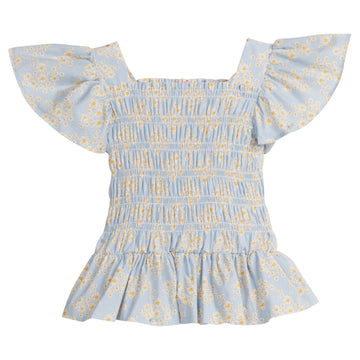 Girls/Tween woven top that has a ruching feature across middle of top. Top is made of yellow and white flowers printed on a light blue background and also features angel sleeves to complete the look. 