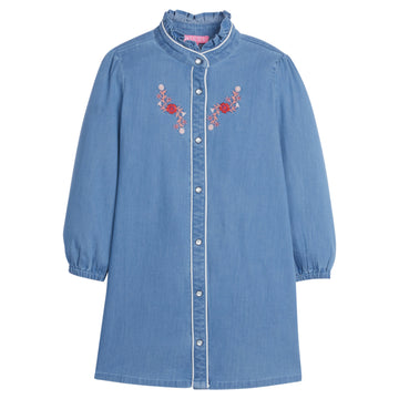 Girls/Tween dress featuring our chambray/thistle embroidery. Dress has pearlescent buttons along front, elastic on sleeve cuffs, and a ruffled neckline for a comfy flowy fit. Material resembles a blue jean material but is a soft woven feel-BISBY