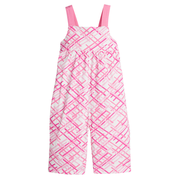 Girl/Tween knit jumpsuit in a hot pink/light pink zig zag pattern. This jumpsuit has adjustable hot pink woven straps and pockets for easy relaxed fit.