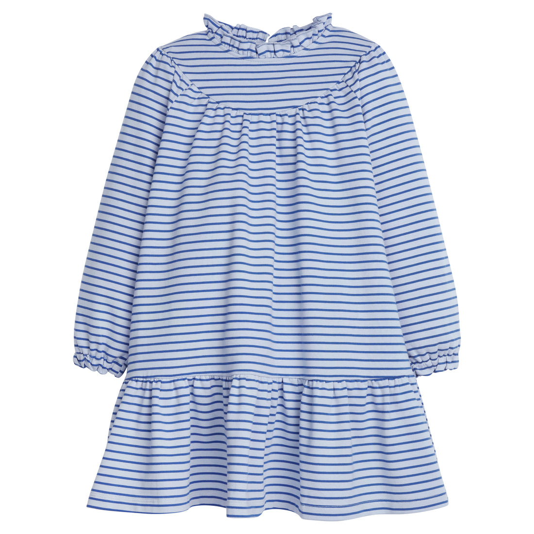 Girls/Tween knit dress with light blue and dark blue stripes. Features a high ruffle neckline and elastic on sleeve cuffs for a comfortable relaxed fit. Also has a single button enclosure on back of neck-BISBY