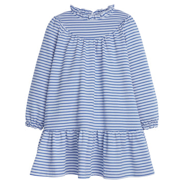 Girls/Tween knit dress with light blue and dark blue stripes. Features a high ruffle neckline and elastic on sleeve cuffs for a comfortable relaxed fit. Also has a single button enclosure on back of neck-BISBY