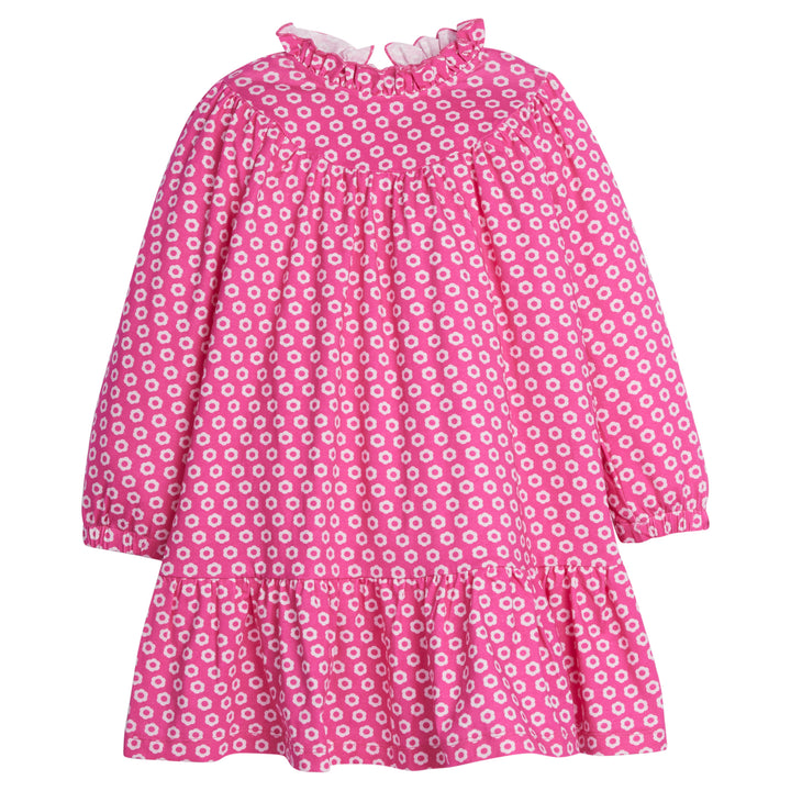 Girls/Tween knit dress in our Bougainvillea light pink/hot pink floral pattern. Dress features a high ruffle neckline and elastic on sleeve cuffs for a comfortable relaxed fit. Also has a single button enclosure on back of neck-BISBY