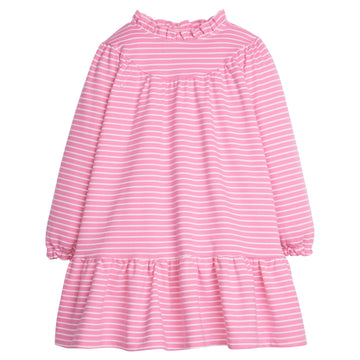 Girls/Tween knit dress with light pink and hot pink stripes. Features a high ruffle neckline and elastic on sleeve cuffs for a comfortable relaxed fit. Also has a single button enclosure on back of neck-BISBY