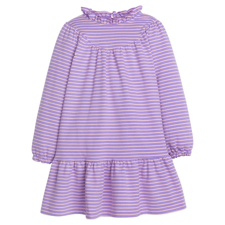 Girls/Tween knit dress with purple and light pink stripes. Features a high ruffle neckline and elastic on sleeve cuffs for a comfortable relaxed fit. Also has a single button enclosure on back of neck-BISBY