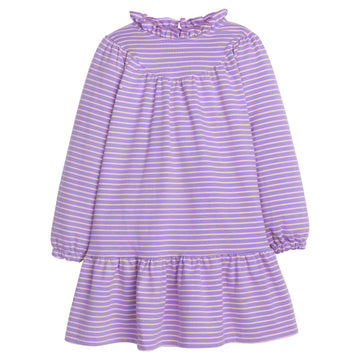 Girls/Tween knit dress with purple and light pink stripes. Features a high ruffle neckline and elastic on sleeve cuffs for a comfortable relaxed fit. Also has a single button enclosure on back of neck-BISBY