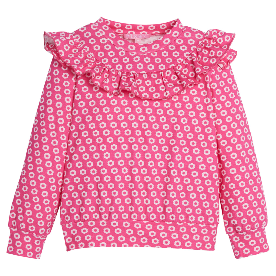 Girls/Tween knit top in our Bougainvillea light pink/hot pink floral. Top features ruffles along the bust area which continue along the backside as well. Material is super stretchy and lightweight for a comfortable fit-BISBY