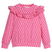 Girls/Tween knit top in our Bougainvillea light pink/hot pink floral. Top features ruffles along the bust area which continue along the backside as well. Material is super stretchy and lightweight for a comfortable fit-BISBY