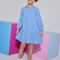 Girl/tween knit long sleeve light blue/dark blue stripe  dress that features  a ruffle neckline with a button closure at back of neck and elastic cuffs at end of sleeves.