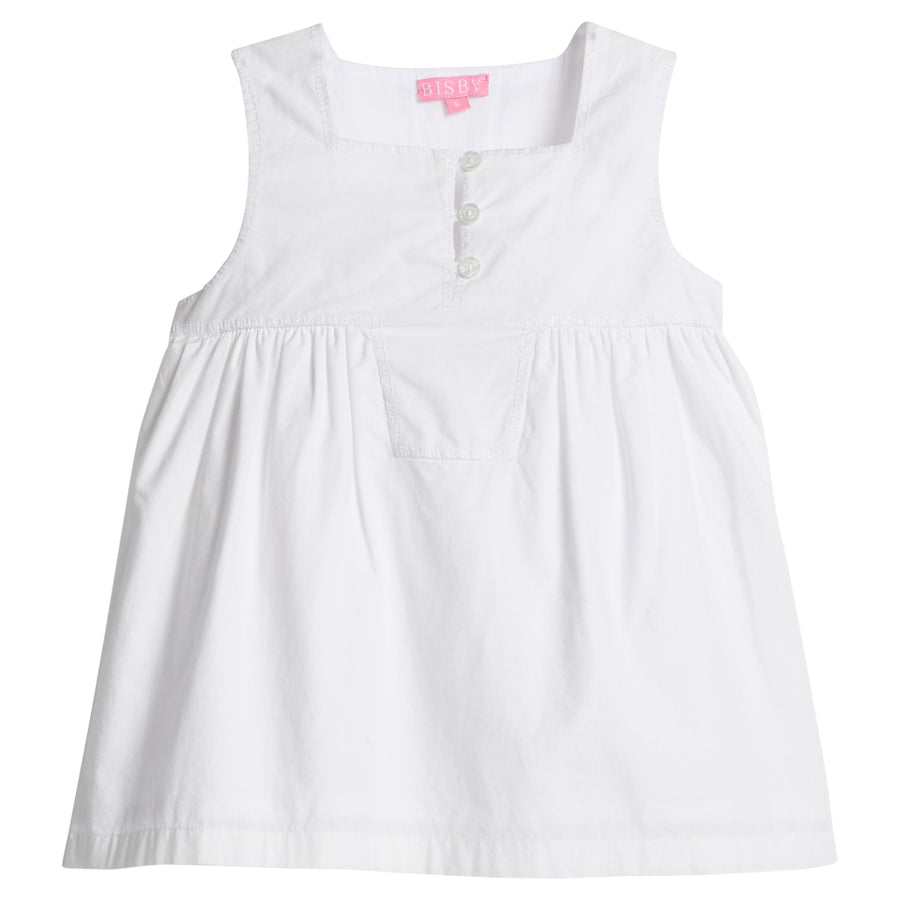 Girls/Tween tank top in white that is made of a lightweight and soft woven material. Top features three buttons along neckline for a secure fit and also features a keystone detail for an elevated look. 