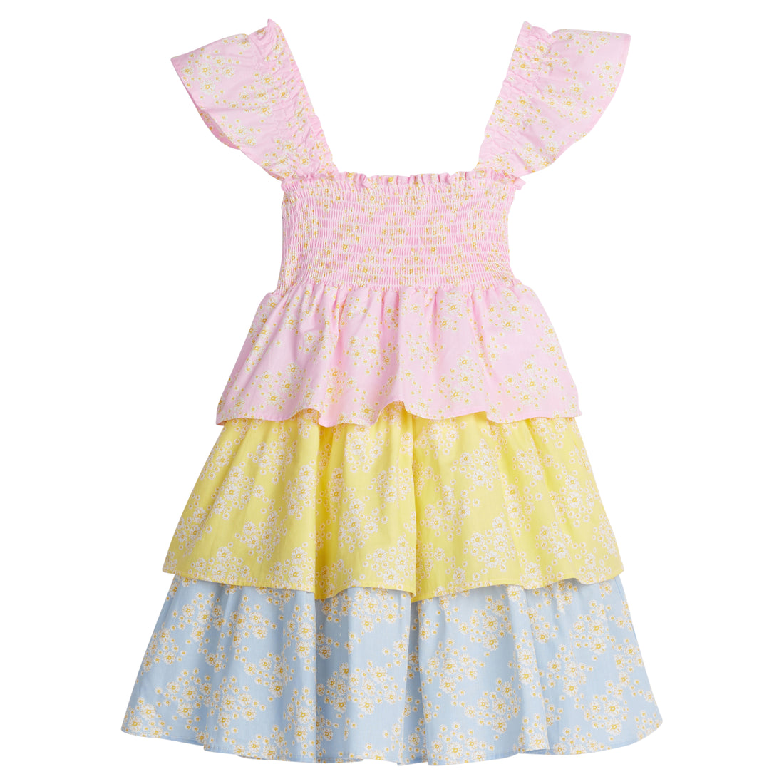 Girls/Tween woven tiered dress that features a stretchy ruching detail across bust and three tiers of a combination of pink/yellow/and blue floral patterns. Dress also features angel sleeve detail at straps for the finishing touch. 