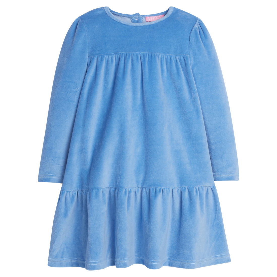 Girls/Tween dress in our French Blue Velour. Dress features a two-tier detail, with button enclosures along the back, and is made out of a soft velour fabric-BISBY