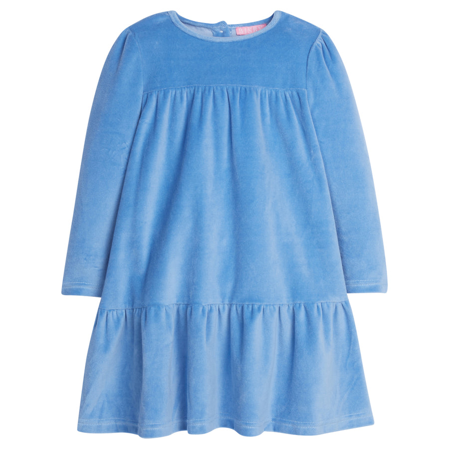 Girls/Tween dress in our French Blue Velour. Dress features a two-tier detail, with button enclosures along the back, and is made out of a soft velour fabric-BISBY